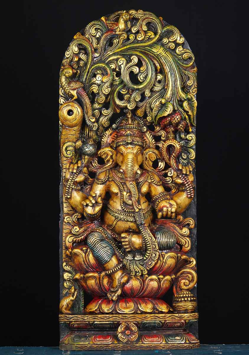 Wood Ganesh Under Tree Canopy 36"